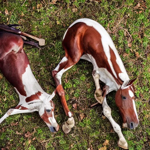 Image similar to two dead horses'body lying on the woods'path, and each horse body has some arrow on it, photo, 8 k