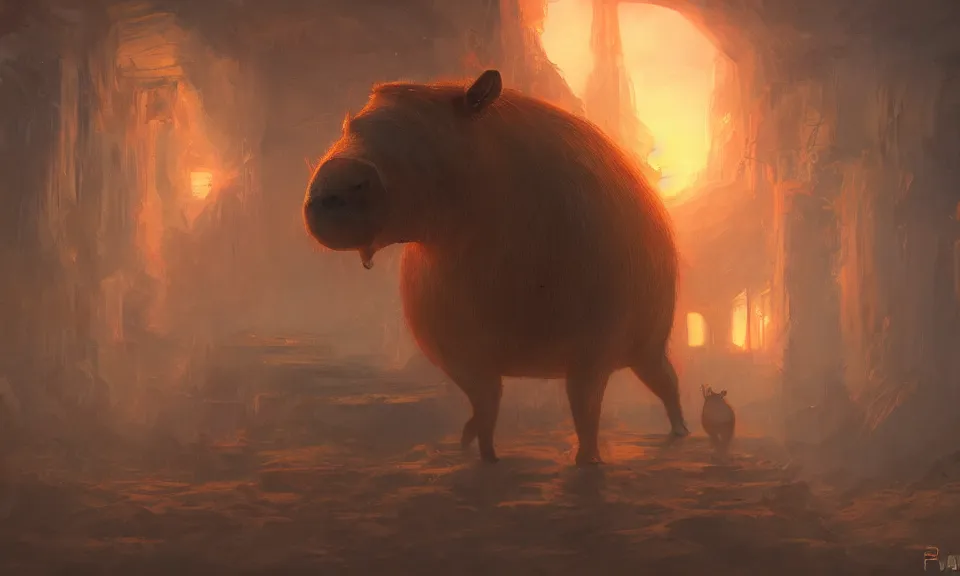 Prompt: wall, orange lighting, many capybaras, fantasy artwork, concept art, digital paintting, artstation, ultra detailed, 8 k