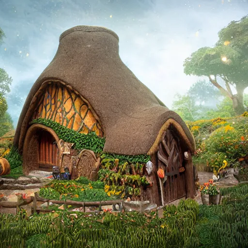 Image similar to a medieval hobbit house made of ginger bread, ornate, beautiful, atmosphere, vibe, flowers, concept art illustration, color page, 4 k, tone mapping, doll, akihiko yoshida, james jean, andrei riabovitchev, marc simonetti, yoshitaka amano, digital illustration, greg rutowski, volumetric lighting, sunbeams, particles