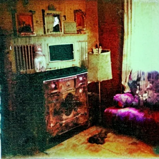 Image similar to coloured atmospheric polaroid photo of a old living room interior with transparent ghosty banshee corpse body floating