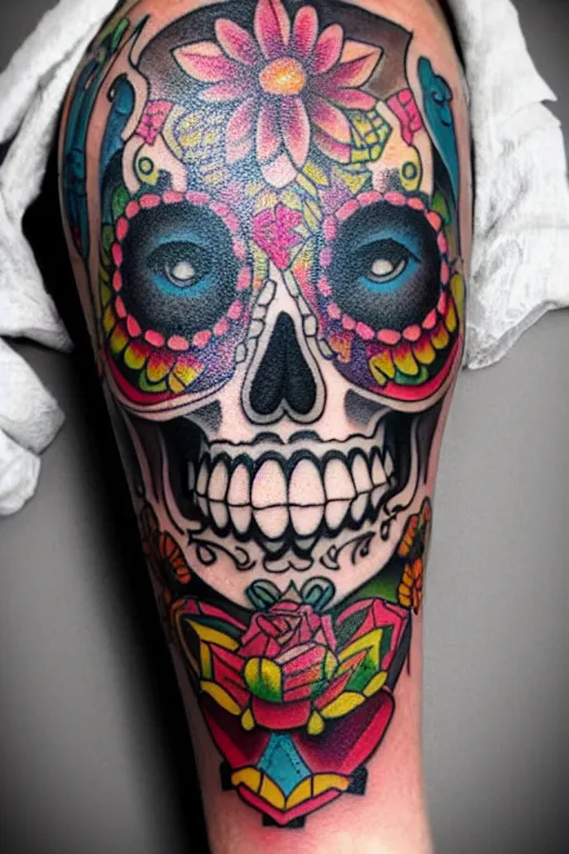 Image similar to tattoo of sugar skull, bright colors