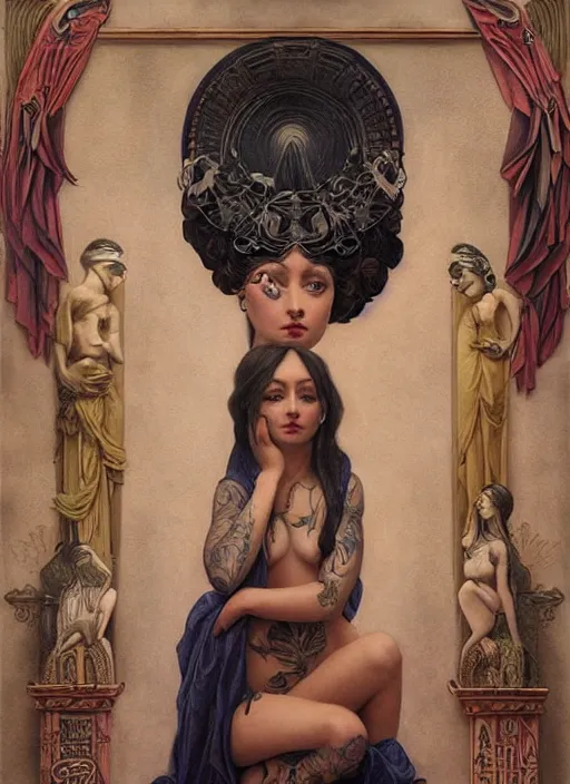 Image similar to beautiful enlightened woman with tattoos, tattooed skin, oil painting, robe, symmetrical face, dark ritual myth, by john william godward, anna dittman, sandra chevrier masterpiece