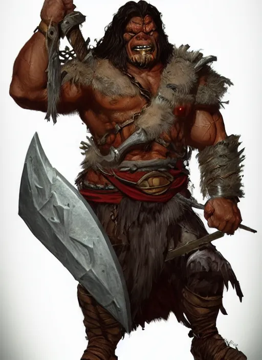 Image similar to orc barbarian, ultra detailed fantasy, dndbeyond, bright, colourful, realistic, dnd character portrait, full body, pathfinder, pinterest, art by ralph horsley, dnd, rpg, lotr game design fanart by concept art, behance hd, artstation, deviantart, hdr render in unreal engine 5