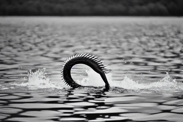 Image similar to a real life gyarados swimming in a lake, sight proof, black and white, blurry, old camera, grainy, motion blur, unfocused, full body shot, wide angle