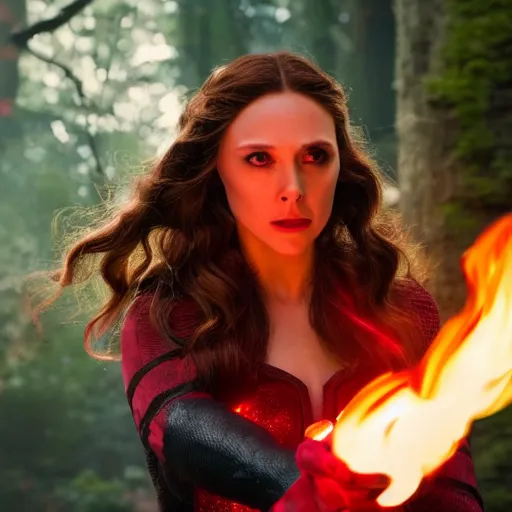 Image similar to high resolution photo of scarlet witch using her powers to light a tree on fire, 4 k, award winning photography.