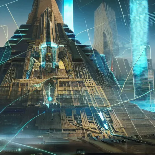 Image similar to a scene of the beautiful intricate epic futuristic pharaoh city with a cyber sphinx, a clearly hovering cyber pyramid, hyper detailed, cinematic lighting