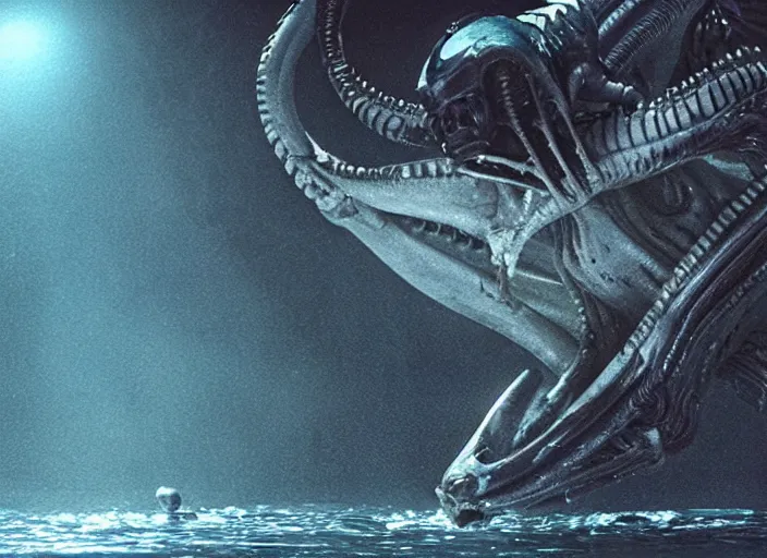 Image similar to film still of xenomorph swimming in a pool at night in the new alien movie, 4 k