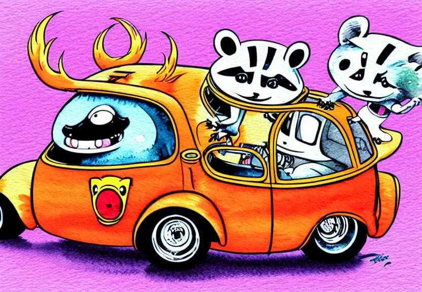 Image similar to cute and funny, racoon riding in a tiny hot rod coupe with oversized engine, ratfink style by ed roth, centered award winning watercolor pen illustration, isometric illustration by chihiro iwasaki, edited by range murata