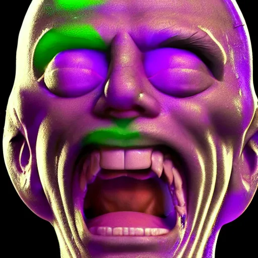 Prompt: screaming cowboy wall street trader face is melting with dollar signs in eyes, liquified, chrome reflections, black ink, glue dropping, snake oil skin, lit by one neon light from the top, rim lights purple and green, hyper bullish, octane render, cgsociety, autodesk, behance, kiki picasso style