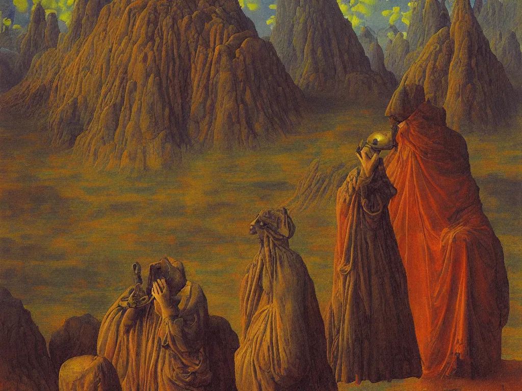 Image similar to It rains with the seed of the faithful. The holy glowing rock of transhumanism in the lithium desert. Portrait of the lotus-eater. Painting by Jan van Eyck, Rene Magritte, Jean Delville, Max Ernst, Beksinski