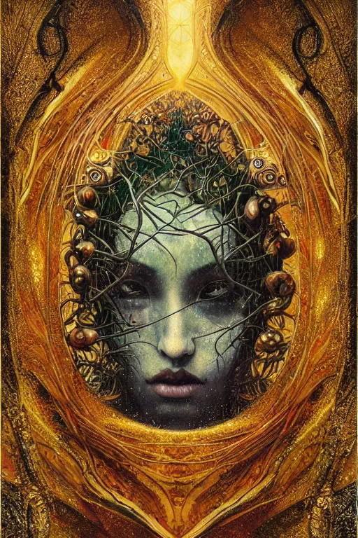 Image similar to Heart of Thorns by Karol Bak, Jean Deville, Gustav Klimt, and Vincent Van Gogh, otherworldly, fractal structures, arcane, prophecy, ornate gilded medieval icon, third eye, spirals