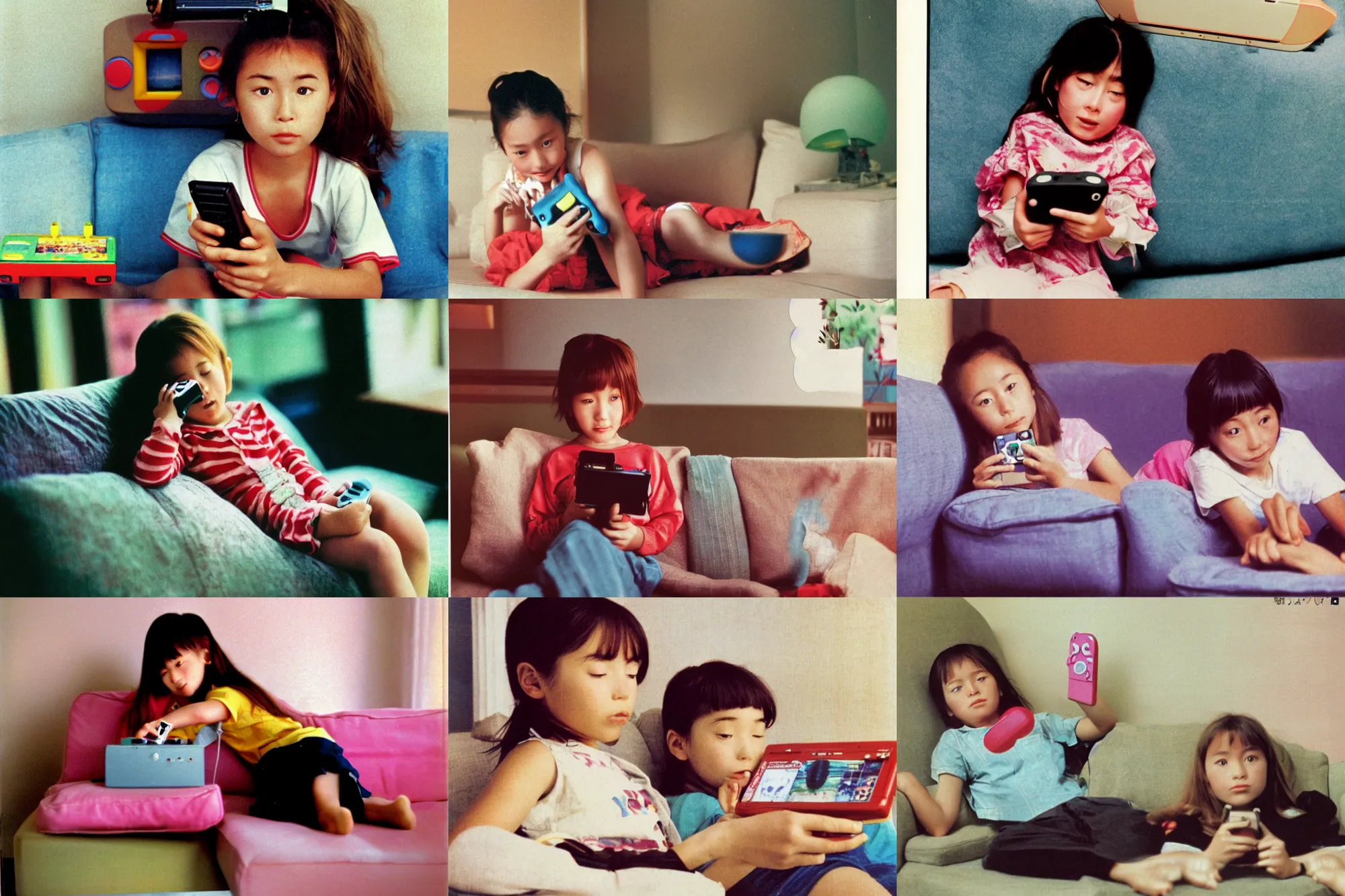 Prompt: A long-shot from front, color home photograph portrait of a girl playing Nintendo on the sofa, summer, day lighting, 1990 photo from Japanese photograph Magazine.