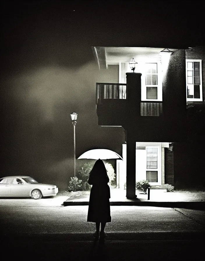 Image similar to “ quiet american neighborhood at night, a woman waiting with a black umbrella, photography in the style of gregory crewdson, mist, rule of thirds ”