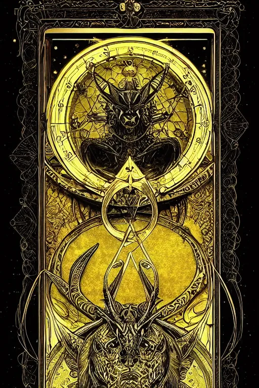 Image similar to Zodiac sign Pisces, Beautiful fish of the devil, on black paper, symmetrical, forsaken spirits, golden ratio, elements, gold, neon, baroque, rococco, white, ink, tarot card with ornate border frame, marc simonetti, paul pope, peter mohrbacher, detailed, occult symbols, intricate satanic ink illustration, by Alfons Mucha, Moebius, Charles Wess, Jeffrey Jones dynamic lighting