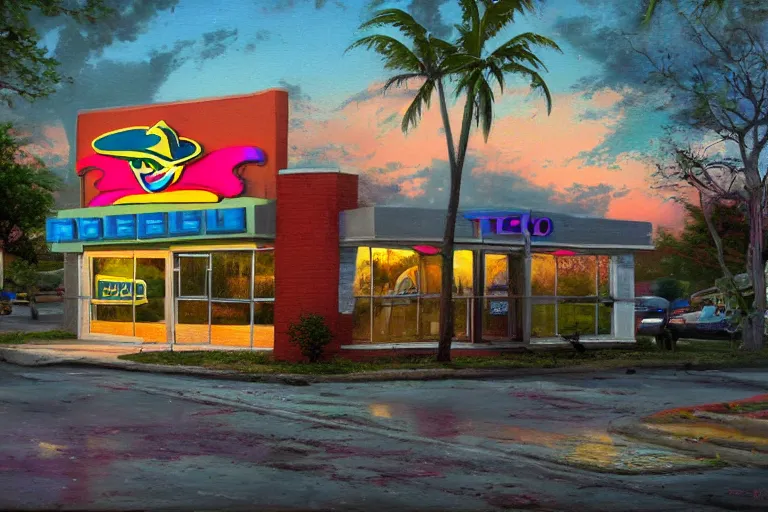 Prompt: an abandoned taco bell by thomas kinkade