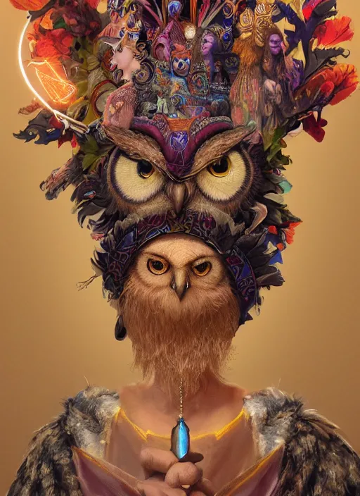 Image similar to an anthropomorphic beautiful goddess male wizard made of owl portrait holding a staff wearing colourful robe, fine art, award winning, intricate, elegant, sharp focus, octane render, hyperrealistic, cinematic lighting, highly detailed, digital painting, 8 k concept art, art by jamie hewlett and z. w. gu, masterpiece, trending on artstation, 8 k