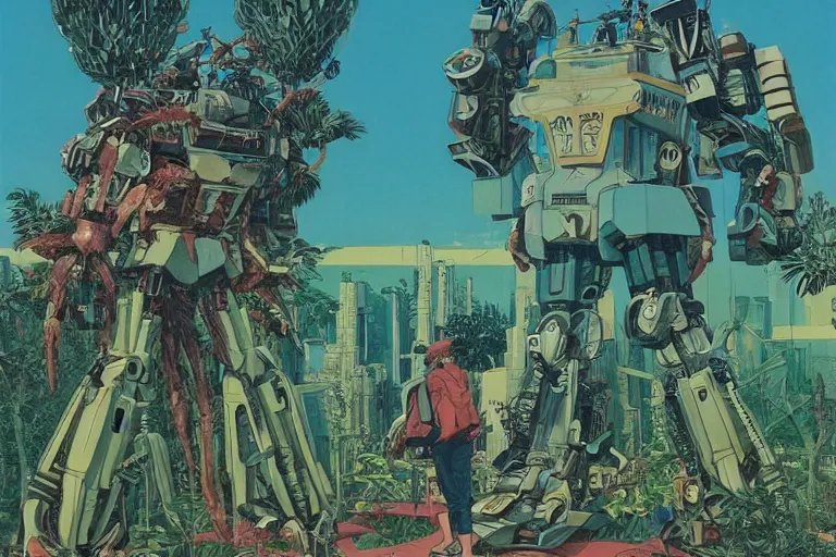 Prompt: gigantic man head, a lot of exotic vegetation around, trees, tremendous mecha robot, flowers, risograph!, oldschool vintage sci - fi flat surreal design, super - detailed, painting by moebius and satoshi kon and jodorwski