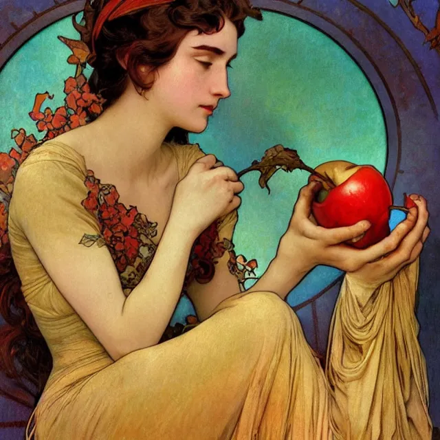 Image similar to an aesthetic! detailed close - up portrait of an aesthetic woman crying mournfully while holding an apple, by frank frazetta and alphonse mucha, oil on canvas, bright colors, art nouveau, epic composition, dungeons and dragons fantasy art, hd, god - rays, ray - tracing, crisp contour - lines, huhd - 8 k