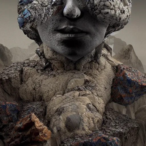 Prompt: Portrait of a man with a face of falling rocks. Claymation. intricate abstract. intricate artwork. nightmare fuel. by Dave McKean. octane render, trending on artstation, greg rutkowski very coherent symmetrical artwork. cinematic, hyper realism, high detail, octane render, 8k, iridescent accents