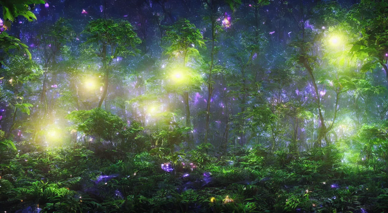 Image similar to A beautiful lush magic mana forest, night sky with dazzling stars, fairies, fireflies, bokeh, octane render, unreal engine, raytracing, crystallized, intricate, hyper detailed, light rays.