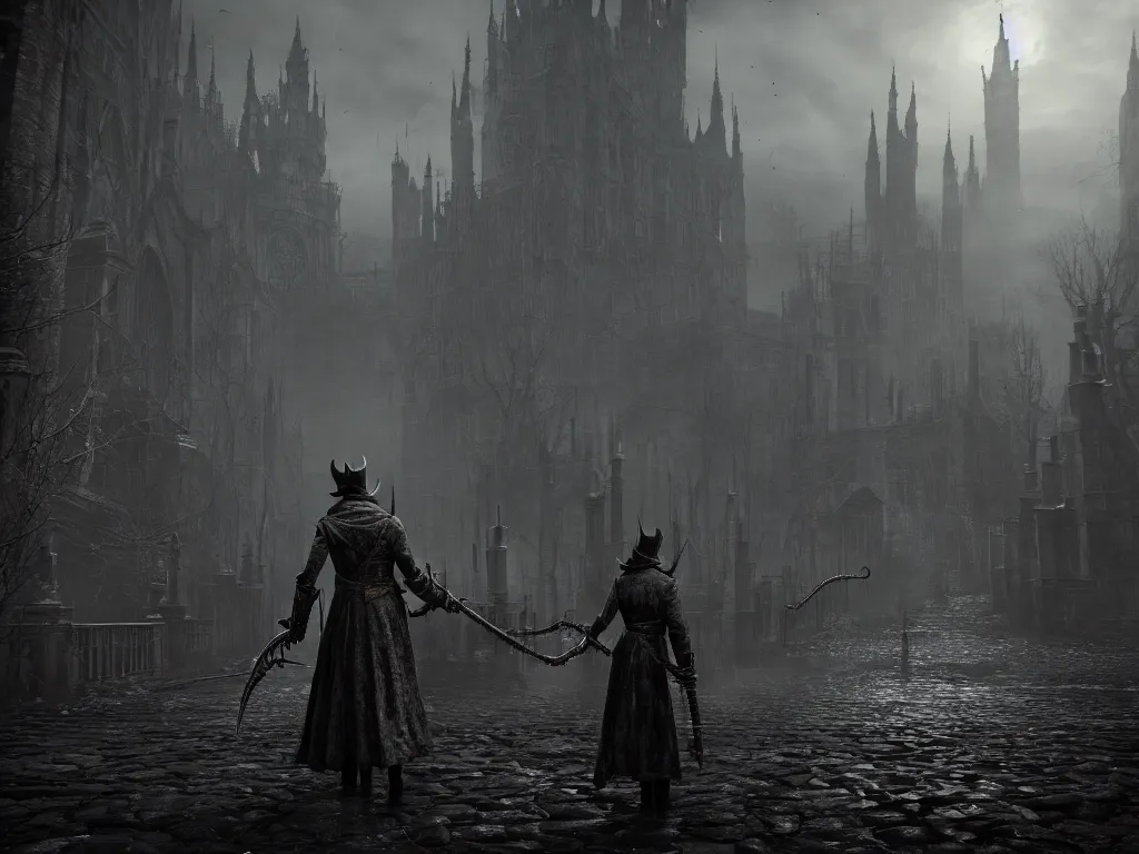 Image similar to bloodborne 2, dark, nighttime, victorian england style, horror, grotesque, serene, haunting, heavy atmosphere, claustrophobic, insanity, High Definition detail, 8K