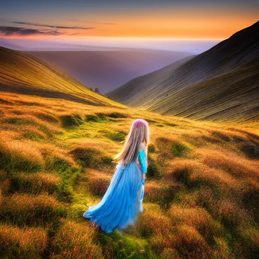 Image similar to lovely and mystical nature fairy in a beautiful alpine high moorland landscape, Fai, sunrise, Provia, Velvia, Fujiifilm Superia