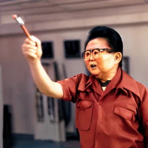 Prompt: filmstill of Kim Jong-il wearing a red bandana and aiming an arc in the role of Rambo, cinemascope, Eastman Color Negative 50T 5251 Neg. Film