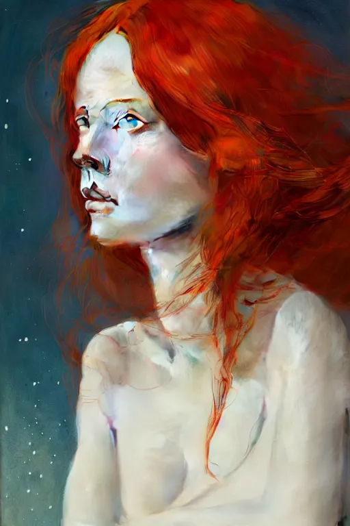 Image similar to of beautiful redhead female, beauty portrait by greg rutkowski, hilma af klint, moebius, victo ngai, sharp focus, global illumination, highly detailed, masterpiece, award winning, post processing