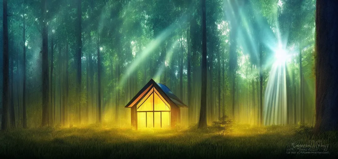 Image similar to beautiful forest at night, house with glowing windows, crepuscular rays, magical feeling, detailed, digital art