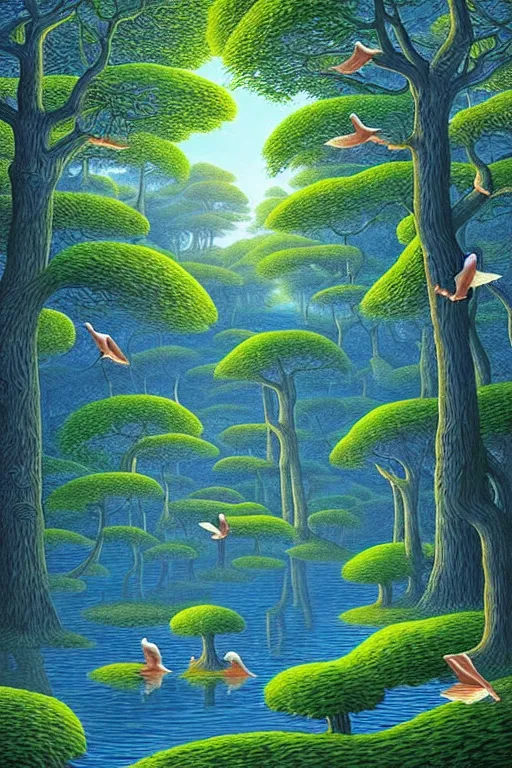 Prompt: beautiful forest with twisting fantasy tress and pond with birds, Digital Matte Illustration by rob Gonsalves