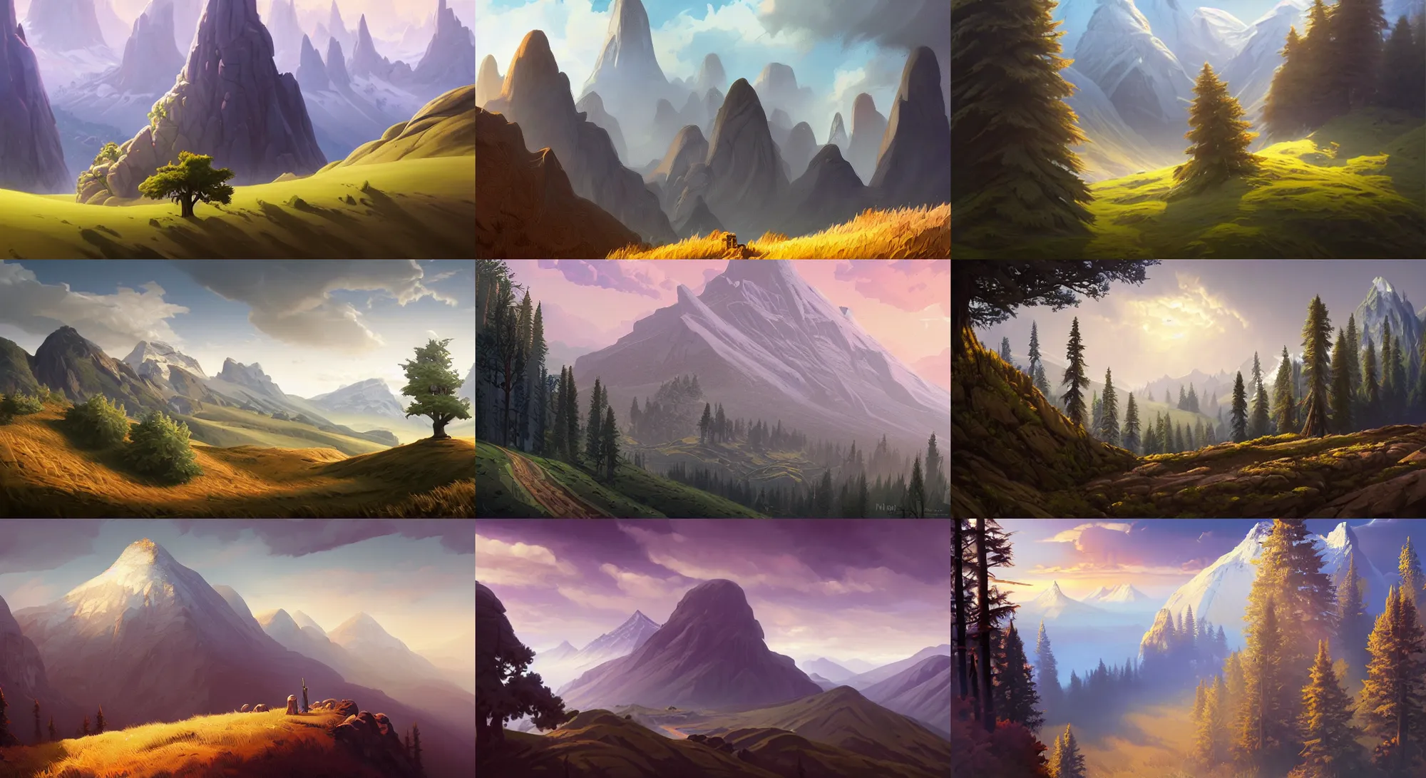 Image similar to mountain landscape without people, high trees, top of the hill, above low layered clouds, deep focus, fantasy, intricate, elegant, highly detailed, digital painting, artstation, concept art, matte, sharp focus, illustration, hearthstone, art by rhads and artgerm and greg rutkowski and alphonse mucha.