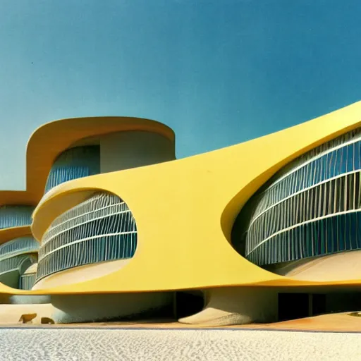 Prompt: architecture ad for a mid-century modern building by the beach designed by Zaha Hadid. Film grain, cinematic, colorized, yellow hue.