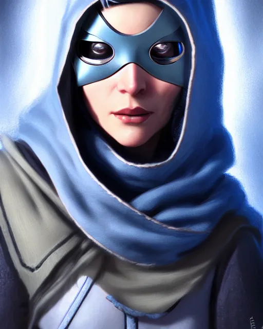 Image similar to ana from overwatch, eye patch, older woman, gray hair, blue hooded cloak, character portrait, portrait, close up, highly detailed, intricate detail, amazing detail, sharp focus, vintage fantasy art, vintage sci - fi art, radiant light, caustics, by boris vallejo