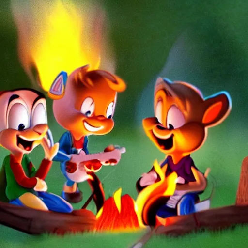 Image similar to tiny toons in real life sitting around a campfire telling stories, photographic, 3D, dark vignette, burning embers, nostalgic, muted colors, slightly drunk, candy rush