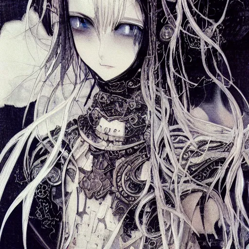 Prompt: yoshitaka amano blurred and dreamy realistic illustration of an anime girl with black eyes, wavy white hair fluttering in the wind and cracks on her face wearing elden ring armor with engraving, abstract black and white patterns in the background, noisy film grain effect, highly detailed, renaissance oil painting, weird portrait angle, three quarter view, head turned to the side