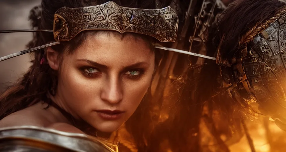 Image similar to close-up photo of a beautiful warrior princess in a battle scene, shallow depth of field, photorealistic, cinematic lighting, warm colours, dusk