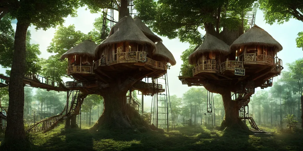 Prompt: in a treehouse city, highly detailed, 8 k, hdr, award - winning, octane render, artstation, volumetric lighting