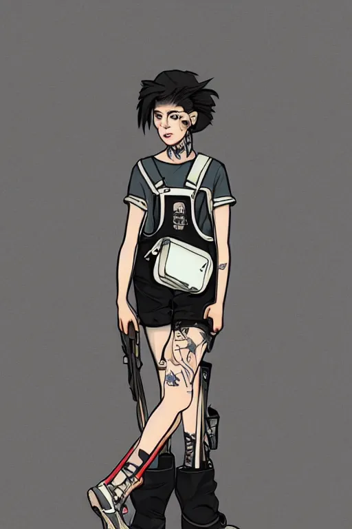 Prompt: a full body portrait beautiful androgynous punk girl with short hair and beautiful eyes who is a mechanic wearing overalls with a utility bag, digital illustration, digital concept art, digital painting, ornate decorative background, very aesthetic!!!!!!, trending on artstation