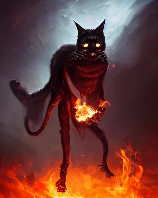 Prompt: oil painting of Anthropomorphized dark Cat Magician casting fire magic spell, evil, glowing eyes, sharp focus, fantasy style, octane render, volumetric lighting, 8k high definition, by greg rutkowski, highly detailed, trending on art Station, magic the gathering artwork, very dark steampunk city backround, centered