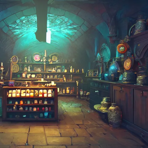 Image similar to inside a magical item shop, fantasy potion vendor interior, ufotable studio art style, gothic interior, 8K, octane render, unreal engine,