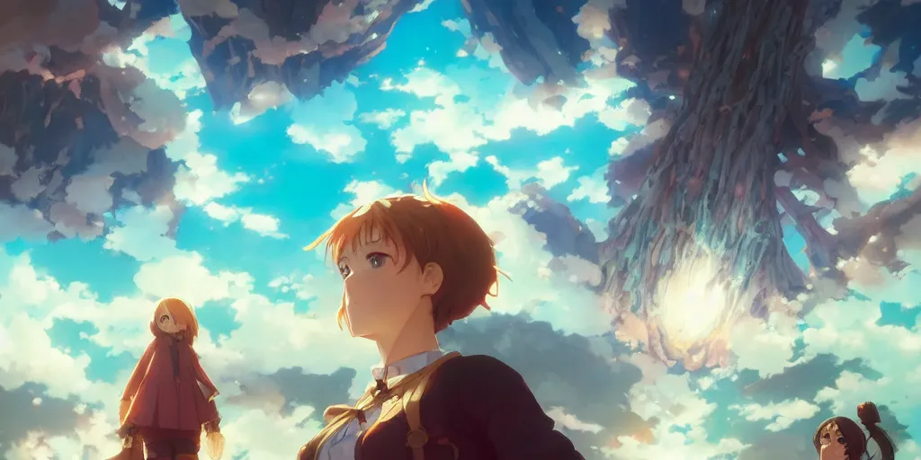 Image similar to isekai masterpiece by mandy jurgens, irina french, rachel walpole, ross tran, illya kuvshinov, and alyn spiller of an anime woman standing tree log looking up at giant crystals, high noon, cinematic, very warm colors, intense shadows, ominous clouds, anime illustration, anime screenshot composite background