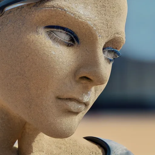 Image similar to the head of a marble cybernetic lady justice statue wearing a virtual reality headset on ground covered in sand, cyberpunk background, highly detailed, epic lighting, hyper photorealism, 8 k