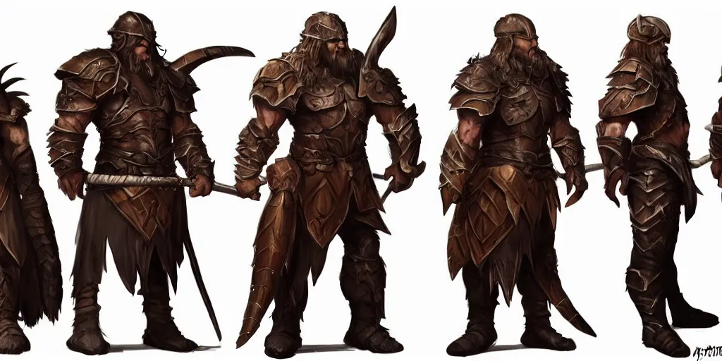 Image similar to ! dream three different views of a tough and intimidating barbarian armor, concept art by senior character artist, trending on artstation, artstation hd, full body