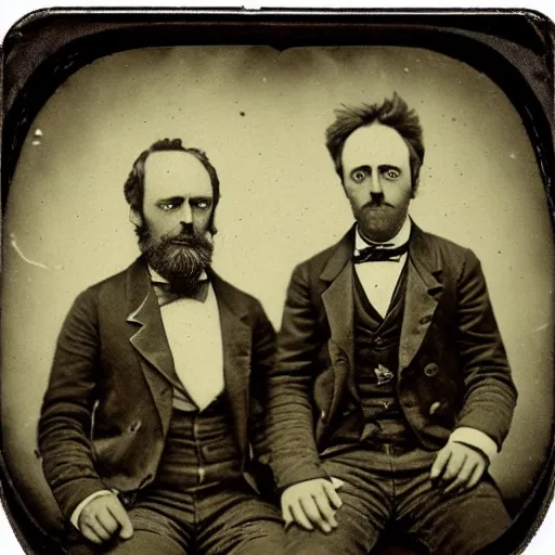 Image similar to tintype photo of “ rick and morty ” “ 1 8 8 0 s ” detailed