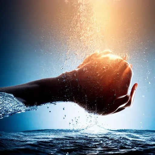 Prompt: spilling water creating a human head out of water, on the ocean water, ray tracing, realistic water sharp focus, long shot, 8 k resolution, cinematic, amazing water art