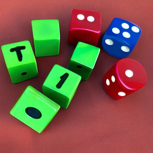 Prompt: red dice on green dice on blue dice