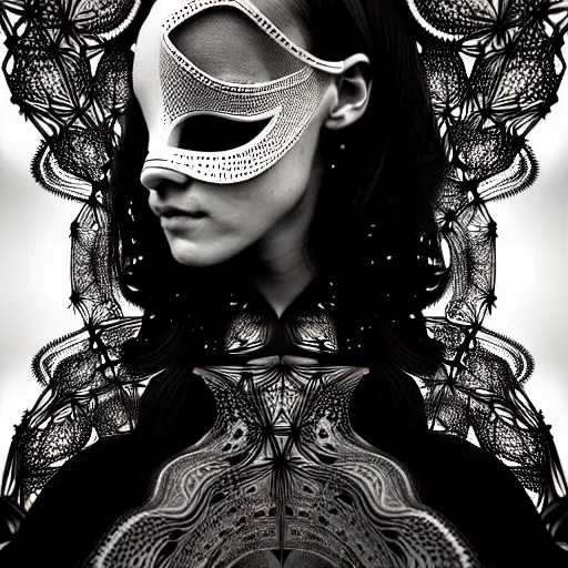 Image similar to portrait of a young beautiful woman with a mask. contemporary photograph and speed painting and fractal and mandelbulb and lines and scribble art. black and white. intricate, elegant, super highly detailed, professional digital painting, artstation, concept art, smooth, sharp focus, no blur, no dof, extreme illustration, Unreal Engine 5, Photorealism, HD quality, 8k resolution, cinema 4d, 3D, beautiful, cinematic