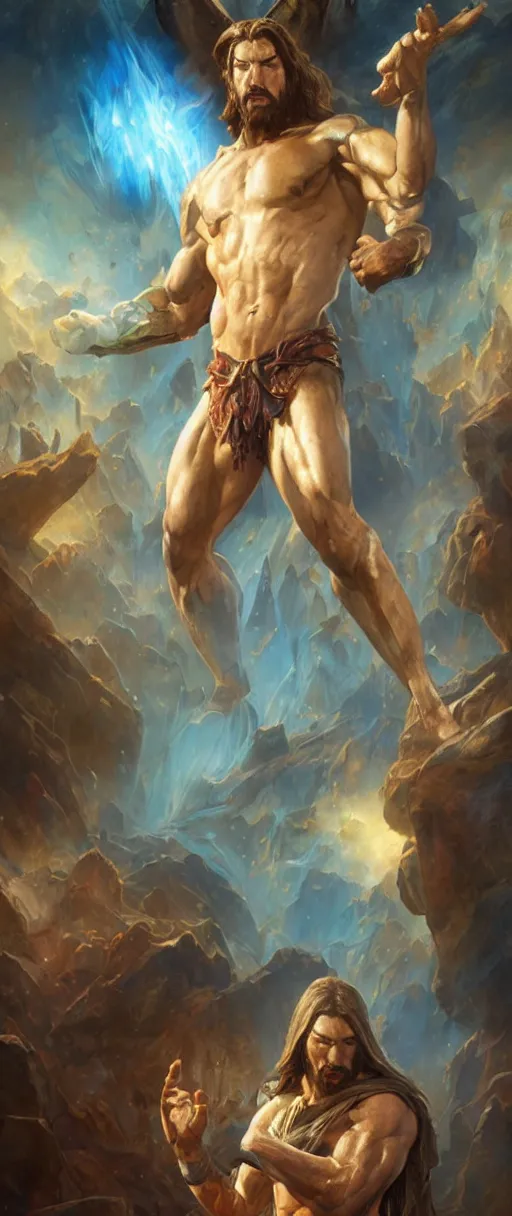 Image similar to extremely muscular jesus christ, magic the gathering art, studio lighting by jessica rossier and brian froud and gaston bussiere