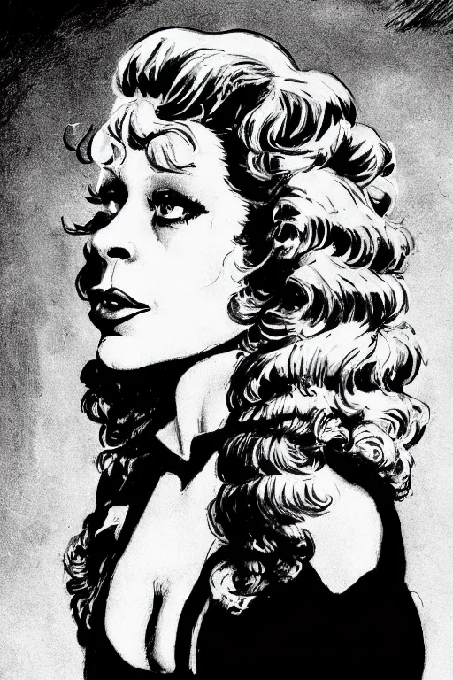 Prompt: natasha lyonne as illustrated by frank frazetta and john cho, black and white, crisp line art