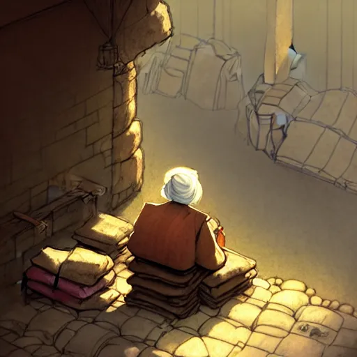 Prompt: concept art, an old woman merchant sitting against a stone wall wearing a backpack piled high with textiles, earth tones, dust particles in the air, early morning golden light, in the style of yoshitaka amano W 704